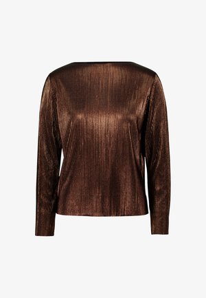 Brown long-sleeve shirt with vertical ribbed texture. Features a square neckline and a relaxed fit. Made from a shimmering material.