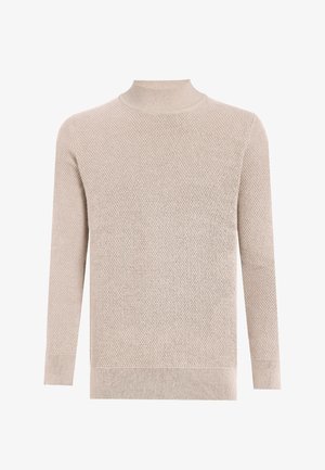 Beige strikket sweater med høj hals, der har et tekstureret mønster samt ribstrikkede kanter ved ærmer og forneden. Lange ærmer, uden lukninger.