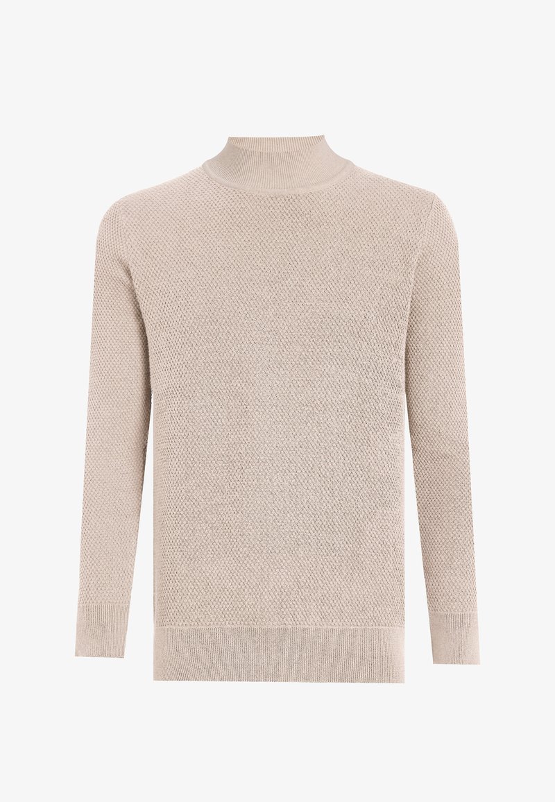 Maglione beige lavorato a maglia con collo alto, caratterizzato da un motivo a rilievo e polsini e orlo a costine. Maniche lunghe, senza chiusure.