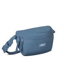 Kék nejlon övtáska ívelt kialakítással, felső cipzárral, állítható pánttal és téglalap alakú logóval az elején.