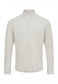 Camicia a maniche lunghe di colore chiaro con un design texturizzato, una chiusura a bottoni, un colletto a punta e una singola tasca sul lato sinistro del petto.