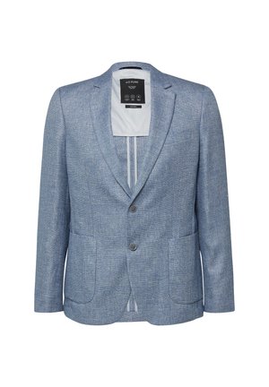 Hellblauer Herrenblazer mit Kerbkragen, Zwei-Knopf-Verschluss, zwei Vordertaschen und weißem Innenfutter mit sichtbarem Etikett.