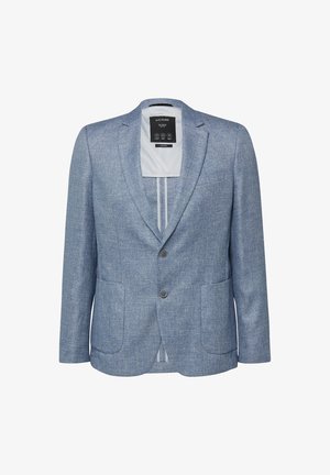 Hellblauer Herrenblazer mit Kerbkragen, Zwei-Knopf-Verschluss, zwei Vordertaschen und weißem Innenfutter mit sichtbarem Etikett.