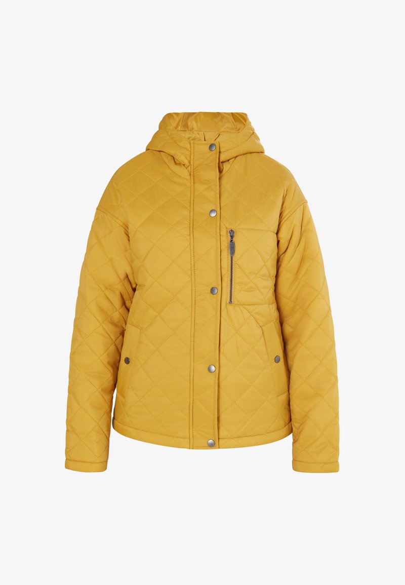 Quilted yellow jacket with a hood, featuring silver snap and zipper details, textured fabric, and a front pocket on the left side.