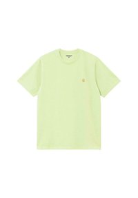 Camiseta de algodón de color verde claro y mangas cortas, con un pequeño logotipo amarillo en el lado izquierdo del pecho, cuello redondo y corte estándar.