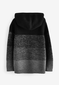 Schwarzer und grauer Farbverlauf-Pullover mit einer strukturierten Kapuze. Rippstrick an der Oberseite und glattes Material darunter. Breiter Saum am unteren Rand, keine Verschlüsse.