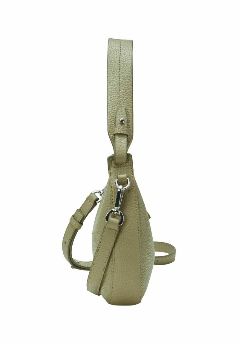 Beige Lederhandtasche mit strukturiertem Finish, Tränenform, verstellbarem Tragegurt und silbernen Hardware-Akzenten. Seitenansicht mit einem einzelnen oberen Griff.