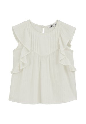 Biela blúzka bez rukávov s volánikmi na ramenách, okrúhlym výstrihom, zvislými textúrovanými pruhmi a zapínaním na gombíky vzadu.