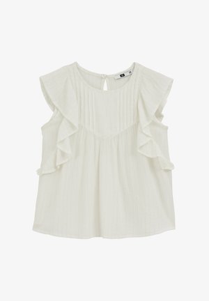 Witte mouwloze blouse met geribbelde schouderdetails, ronde halslijn, verticale gestructureerde strepen en knoopsluiting aan de achterkant.