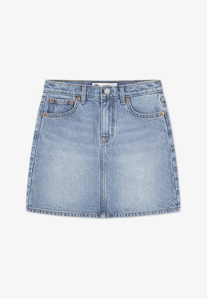 Light blue denim skirt with a high waist, slight A-line shape, five-pocket design, and copper hardware accents. Finished with visible stitching.