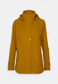 Casaco impermeável amarelo com capuz, botões de pressão e bolsos laterais. Apresenta um corte reto e textura suave. Ideal para uso ao ar livre.