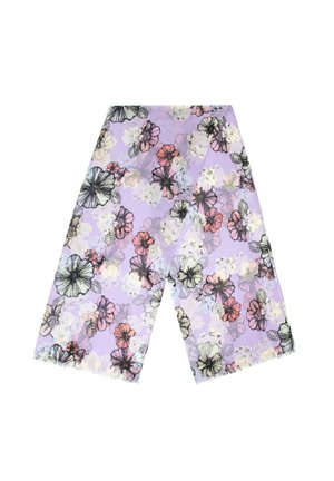 Sciarpa viola chiaro con un motivo floreale che presenta fiori neri, bianchi, rosa e blu, adagiata piatta con bordi frangiati.