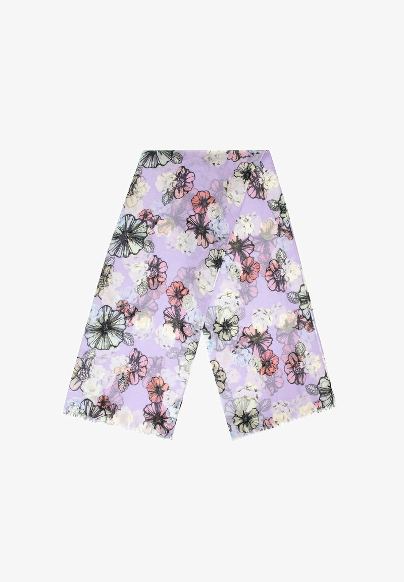 Jasnofioletowy szalik z kwiatowym wzorem, w którym znajdują się czarne, białe, różowe i niebieskie kwiaty, leżący płasko z frędzlami na brzegach.