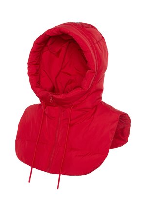 Red padded hooded vest with a high collar, featuring a front zipper and drawstrings for adjustment. Smooth texture and no sleeves.