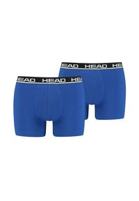 Blaue Boxershorts mit schwarzem Bund, auf dem das "HEAD"-Logo prangt. Gefertigt aus weichem Stoff bieten sie eine enge Passform und eine glatte Textur.