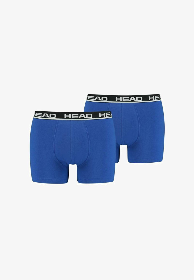 Blauwe boxershorts met een zwarte tailleband waarop het "HEAD" logo staat. Gemaakt van zachte stof, hebben ze een snug fit en een gladde textuur.