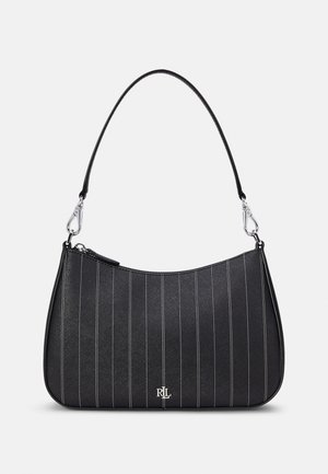 Sac épaule en cuir noir à fines rayures verticales blanches, fermoirs en métal argenté, fermeture éclair, et petit logo métallique RLL sur le devant.