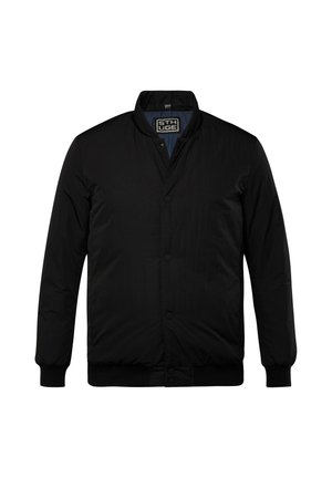 Sort bomberjakke med opretstående krave, front snaplukning, ribbede manchetter og en glat, tekstureret finish. Har et mærket inderlabel.