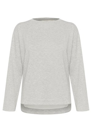 Hellgraues Langarmshirt mit rundem Ausschnitt, fallenden Schultern und einem längeren Rückensaum. Weiche Textur mit lockerer Passform.