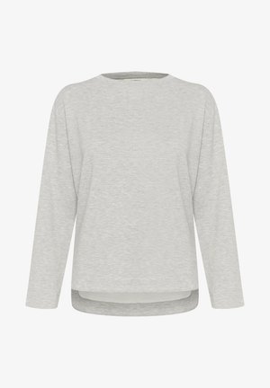 Svetlo šedý dlhý rukáv top so zaobleným výstrihom, spustenými ramenami a dlhším zadným lemom. Mäkká textura s voľným strihom.