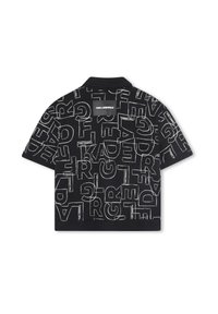 Polo noir à manches courtes avec une impression de texte et un logo en contraste blanc. Col simple, coupe décontractée et texture lisse.