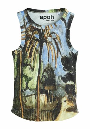 Sleeveless ribbed tank top with a painted landscape featuring tall palm trees, dark foliage, and a light blue sky.