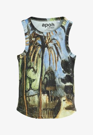 Ujjatlan bordázott trikó, melyen egy festett tájkép látható magas pálmafákkal, sötét lombokkal és világoskék éggel.