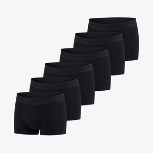 Black boxer briefs featuring a smooth fabric, elastic waistband with brand logo, and a form-fitting design. Pack of six.
