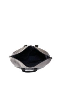 Gray leather duffel bag with a wide opening, black interior, and dual handles. Features zippered compartment and patterned lining.