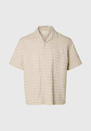 Beiges Kurzarmhemd mit Knopfleiste, strukturiertem Karomuster und lockerem Kragen.