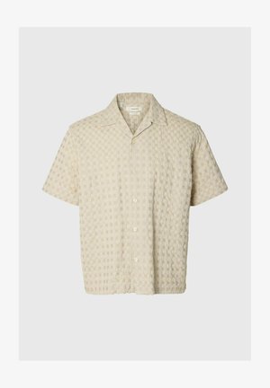 Beiges Kurzarmhemd mit Knopfleiste, strukturiertem Karomuster und lockerem Kragen.