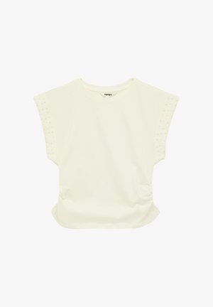 Witte top met korte mouwen, ronde hals en decoratieve kleine kraaldetails langs de mouwen, licht gerimpeld aan de zijkanten.