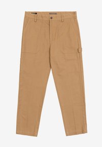 Beige cargobroek van katoen, met twee voorzakken, twee zijzakken en een knoopsluiting met riemlussen.