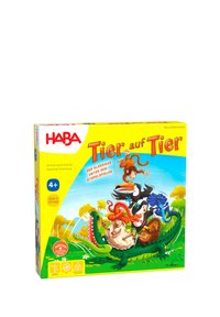 HABA game box titled "Tier auf Tier," featuring colorful animal illustrations on a bright yellow background. Dimensions: square shape.