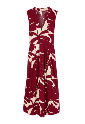 Mouwloze midi-jurk met V-hals, grote bloemenprint in bordeauxrood en crème, en geplooide rok.