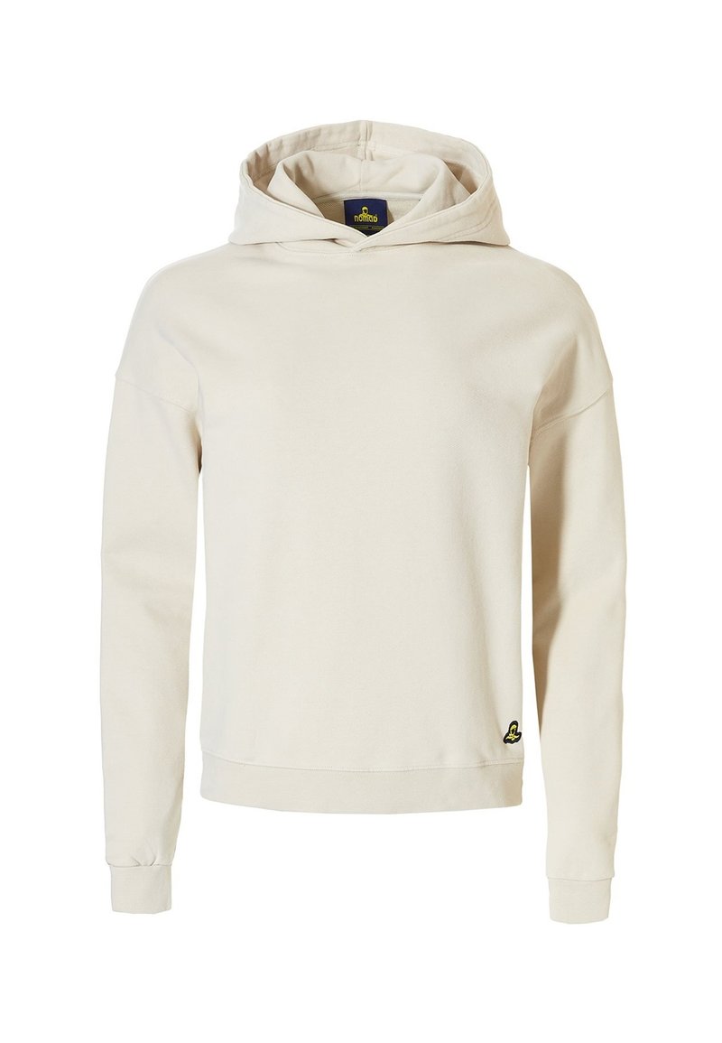 Crèmekleurige hoodie gemaakt van zacht materiaal, met een trekkoordkap, lange mouwen en een klein logo aan de onderkant.