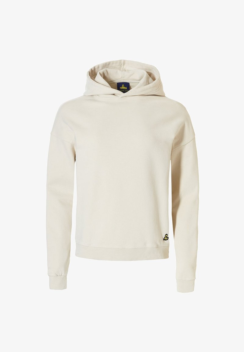 Crèmekleurige hoodie gemaakt van zacht materiaal, met een trekkoordkap, lange mouwen en een klein logo aan de onderkant.