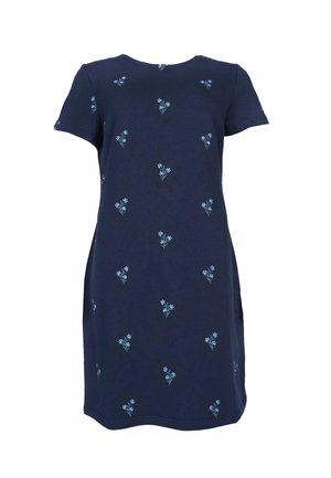 Marineblaue Baumwollkleid mit kurzen Ärmeln, das mit hellem blauen Blumenbestickung übersät ist. Rundhalsausschnitt und gerade geschnitten.