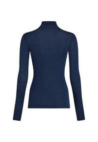Marineblauwe, lange mouwen coltrui gemaakt van een lichte, gladde stof. Heeft een getailleerd ontwerp en een hoge halslijn zonder versieringen.