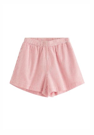 Shorts a righe verticali elastiche rosa e bianche, con vestibilità comoda e tessuto leggero.