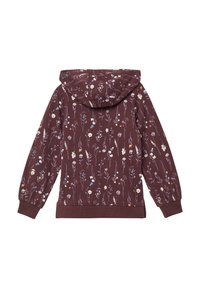 Donkerbruine hoodie met een kleurrijke fijngebloemde print, lange mouwen, geribbelde manchetten en zoom, weergegeven vanuit de achterkant met een vastgezette capuchon.
