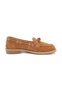 Brown suede loafer with a rounded toe, a decorative knot on the tongue, and lace detailing. Features a low, textured rubber sole.