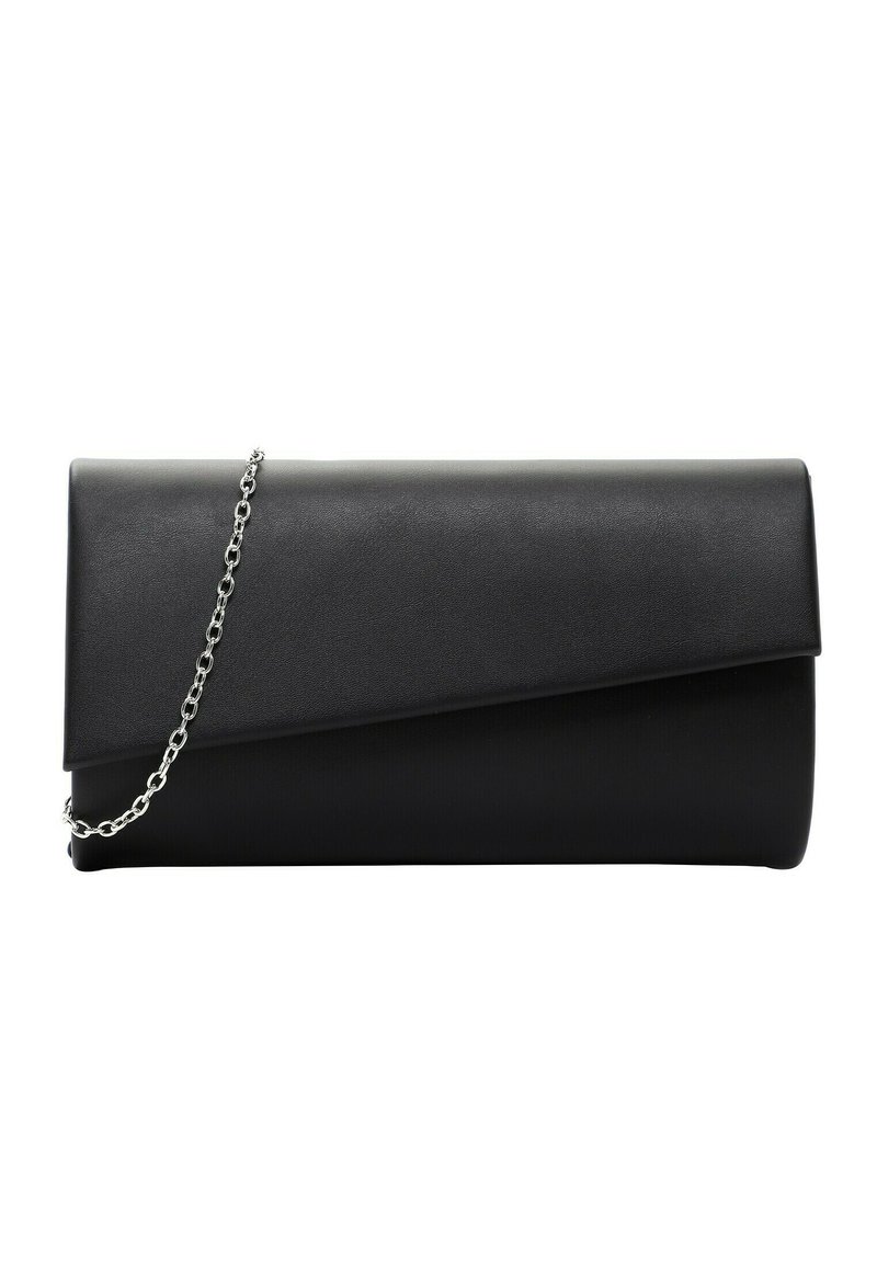 Clutch in ecopelle nera con design a patta angolare, dotato di tracolla in catena argentata. Texture liscia e stile minimalista.