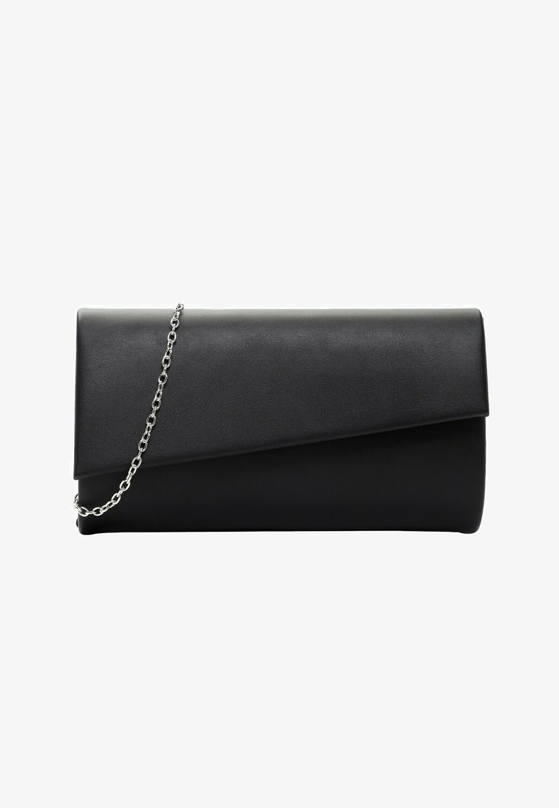 Clutch in ecopelle nera con design a patta angolare, dotato di tracolla in catena argentata. Texture liscia e stile minimalista.