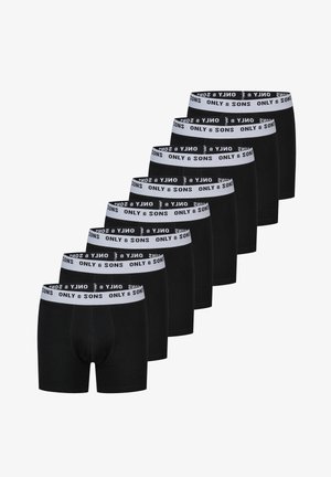 Seven black boxer briefs with white waistbands featuring "ONLY & SONS" text, arranged in a staggered row on a white background.