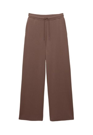 Brown wide-leg pants with elastic waistband and drawstring, featuring side pockets, shown on a white background.