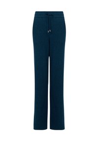 Pantalones de chándal azul marino, confeccionados en un material suave, con un cinturón elástico y cordón de ajuste, y piernas rectas.