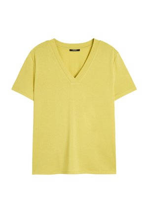 Żółta koszulka z dekoltem w serek, wykonana z miękkiej bawełny, z krótkimi rękawami i luźnym krojem, z czystym dołem i prostą konstrukcją.