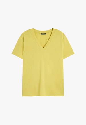 Żółta koszulka z dekoltem w serek, wykonana z miękkiej bawełny, z krótkimi rękawami i luźnym krojem, z czystym dołem i prostą konstrukcją.