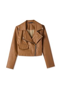 Giacca in pelle marrone, corta, con colletto a revers, chiusura frontale con zip, una tasca e dettagli in metallo argentato. Texture liscia, design aderente.